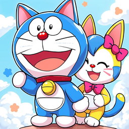 A vibrant and colorful wallpaper featuring Doremon and Dorami, two adorable robotic cats