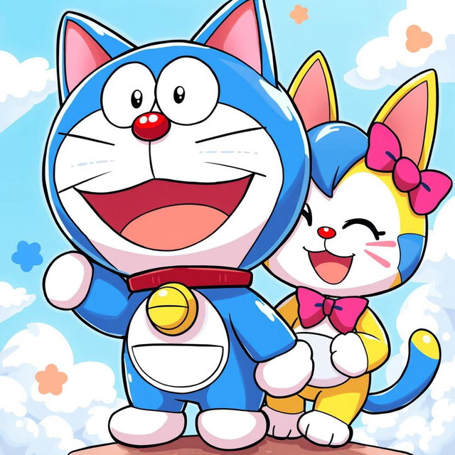 A vibrant and colorful wallpaper featuring Doremon and Dorami, two adorable robotic cats