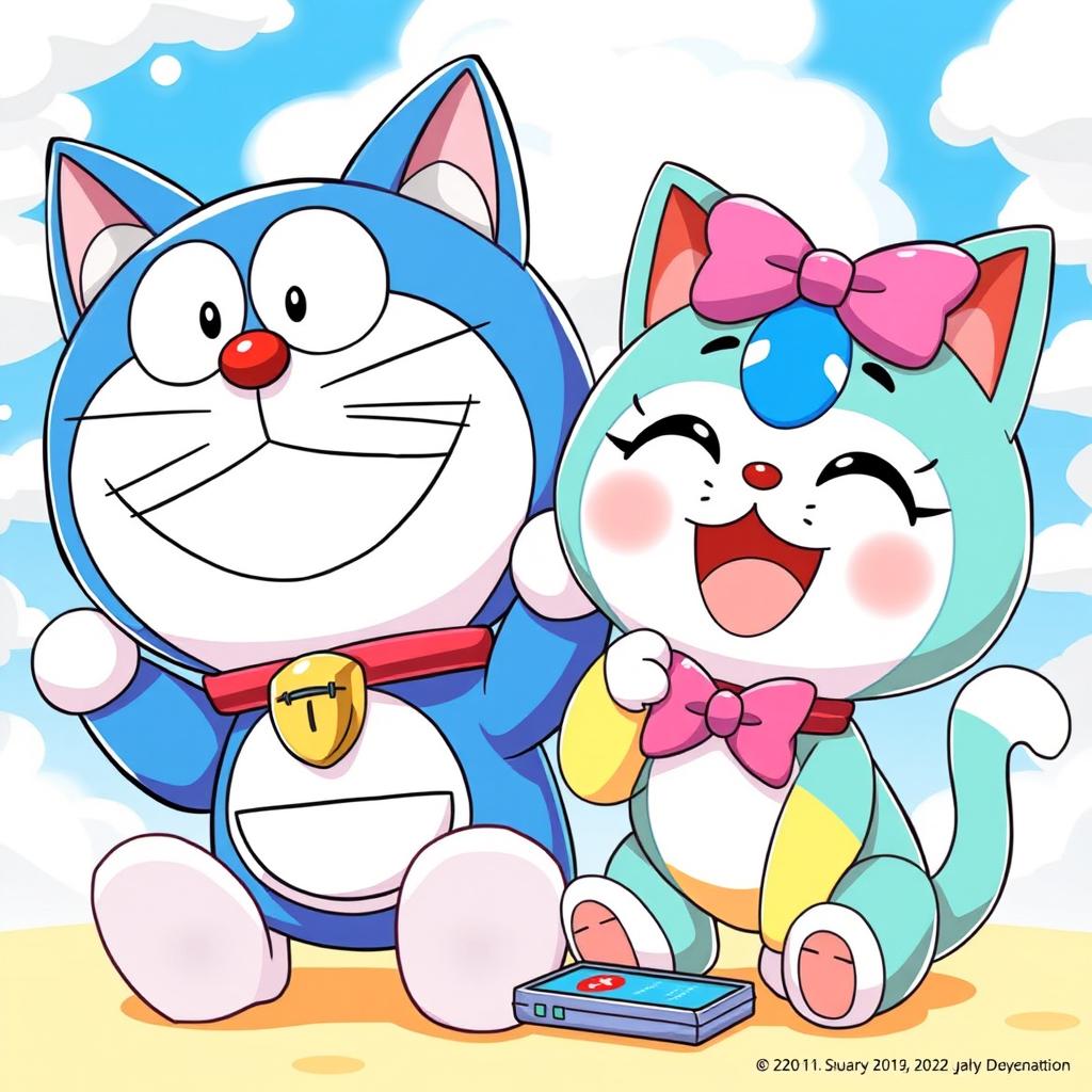 A vibrant and colorful wallpaper featuring Doremon and Dorami, two adorable robotic cats