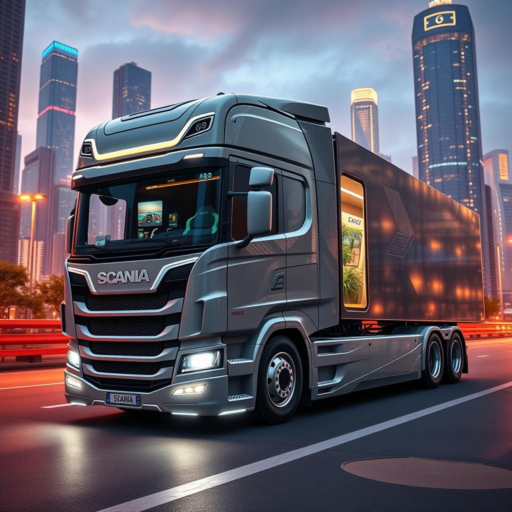 A futuristic Scania truck design, showcasing sleek lines and innovative features that blend modern aesthetics with advanced technology