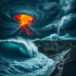 A dramatic and intense nature scene showcasing the simultaneous occurrence of an earthquake, hurricane, flood, volcanic eruption, and tsunami