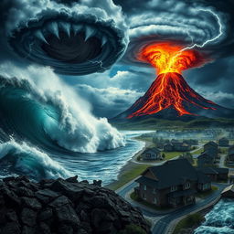A dramatic and intense nature scene showcasing the simultaneous occurrence of an earthquake, hurricane, flood, volcanic eruption, and tsunami
