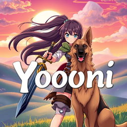 A dynamic anime-style illustration of a brave girl holding a sword in her hand, standing confidently next to a loyal dog