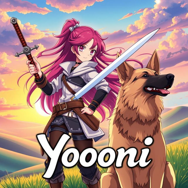 A dynamic anime-style illustration of a brave girl holding a sword in her hand, standing confidently next to a loyal dog