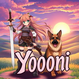 A dynamic anime-style illustration of a brave girl holding a sword in her hand, standing confidently next to a loyal dog