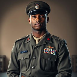 A formal portrait of a soldier in full military uniform, standing tall with a proud expression