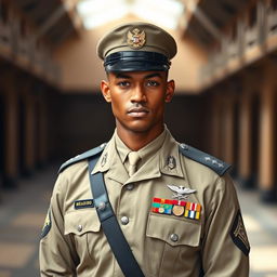 A formal portrait of a soldier in full military uniform, standing tall with a proud expression
