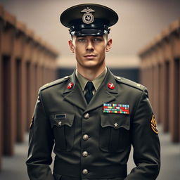 A formal portrait of a soldier in full military uniform, standing tall with a proud expression