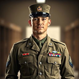 A formal portrait of a soldier in full military uniform, standing tall with a proud expression