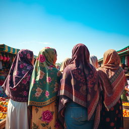 A serene scene depicting a group of women wearing beautifully patterned hijabs, showcasing diversity in colors and styles
