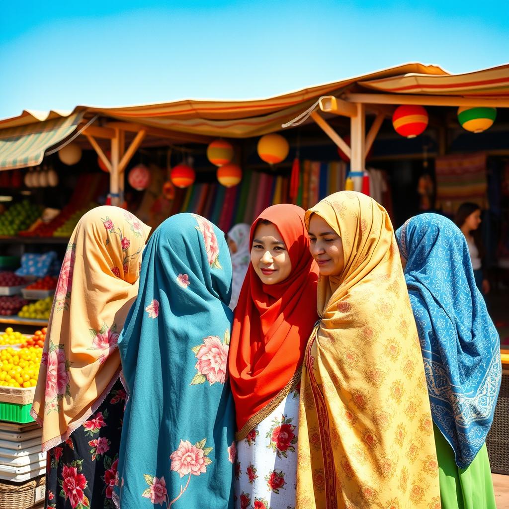 A serene scene depicting a group of women wearing beautifully patterned hijabs, showcasing diversity in colors and styles