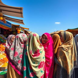 A serene scene depicting a group of women wearing beautifully patterned hijabs, showcasing diversity in colors and styles