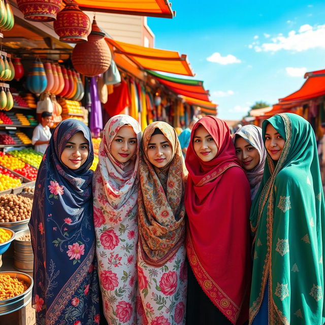 A serene scene depicting a group of women wearing beautifully patterned hijabs, showcasing diversity in colors and styles