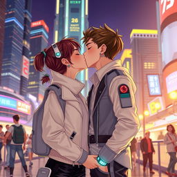 A romantic scene of a boy and girl sharing a kiss in a futuristic public setting