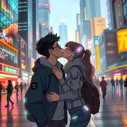 A romantic scene of a boy and girl sharing a kiss in a futuristic public setting