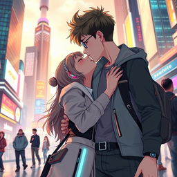 A romantic scene of a boy and girl sharing a kiss in a futuristic public setting