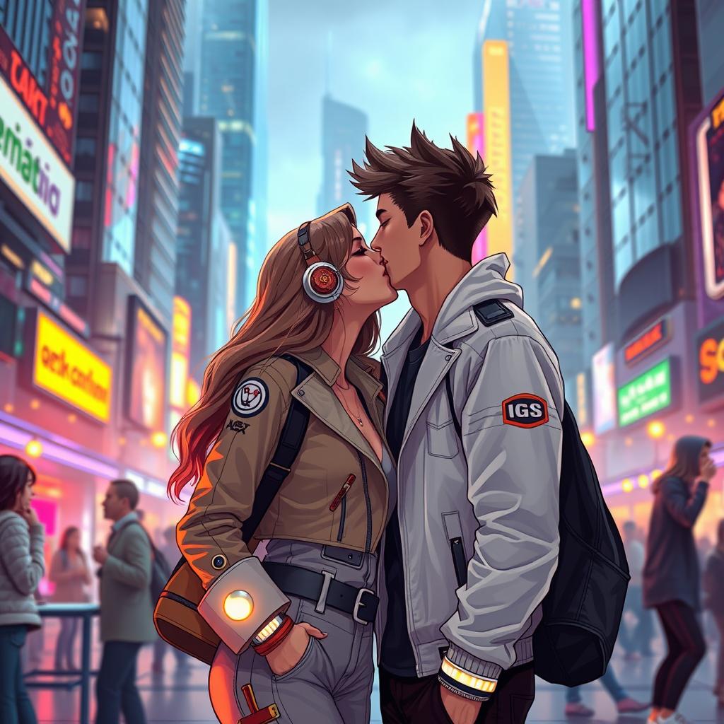 A romantic scene of a boy and girl sharing a kiss in a futuristic public setting