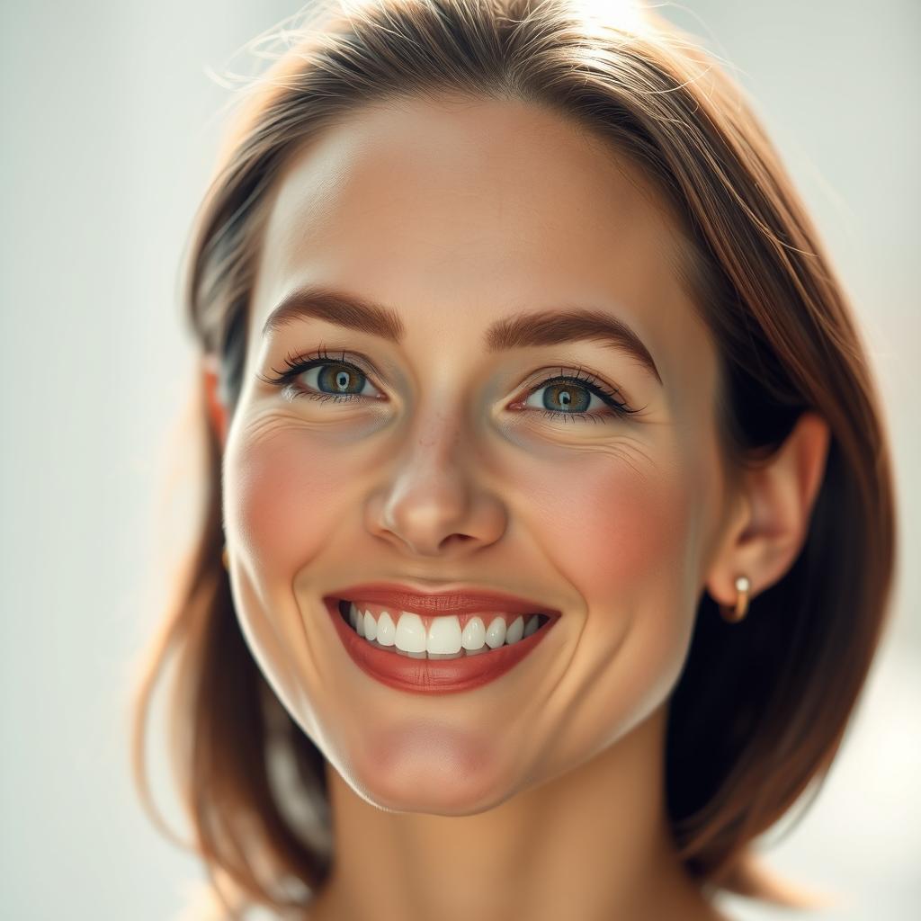 A hyper-realistic portrait of an individual with a radiant, fresh face showcasing clear skin, bright eyes, and a warm smile
