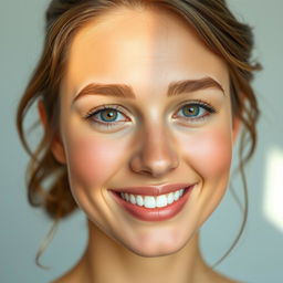 A hyper-realistic portrait of an individual with a radiant, fresh face showcasing clear skin, bright eyes, and a warm smile