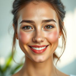 A hyper-realistic portrait of an individual with a radiant, fresh face showcasing clear skin, bright eyes, and a warm smile