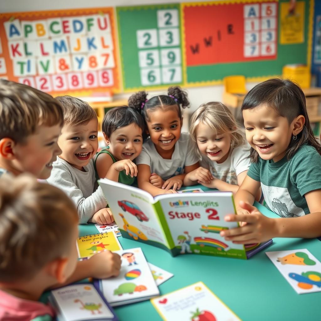 A vibrant and engaging scene depicting children joyfully learning English, eagerly exploring a colorful book titled 'Stage 2'