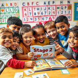 A vibrant and engaging scene depicting children joyfully learning English, eagerly exploring a colorful book titled 'Stage 2'