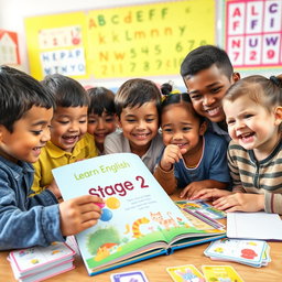 A vibrant and engaging scene depicting children joyfully learning English, eagerly exploring a colorful book titled 'Stage 2'