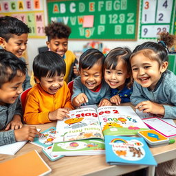 A vibrant and engaging scene depicting children joyfully learning English, eagerly exploring a colorful book titled 'Stage 2'