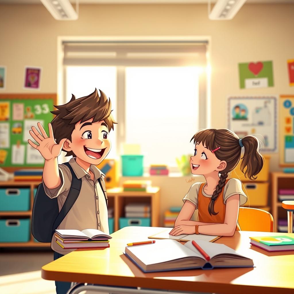 A joyful scene in a bright classroom where an enthusiastic boy approaches a girl’s desk, raising one hand as if sharing an exciting secret