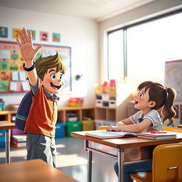 A joyful scene in a bright classroom where an enthusiastic boy approaches a girl’s desk, raising one hand as if sharing an exciting secret