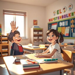 A joyful scene in a bright classroom where an enthusiastic boy approaches a girl’s desk, raising one hand as if sharing an exciting secret