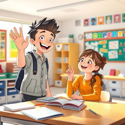 A joyful scene in a bright classroom where an enthusiastic boy approaches a girl’s desk, raising one hand as if sharing an exciting secret