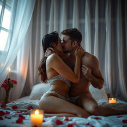 A passionately intimate scene featuring a couple in a sensual embrace, their expressions filled with desire and affection