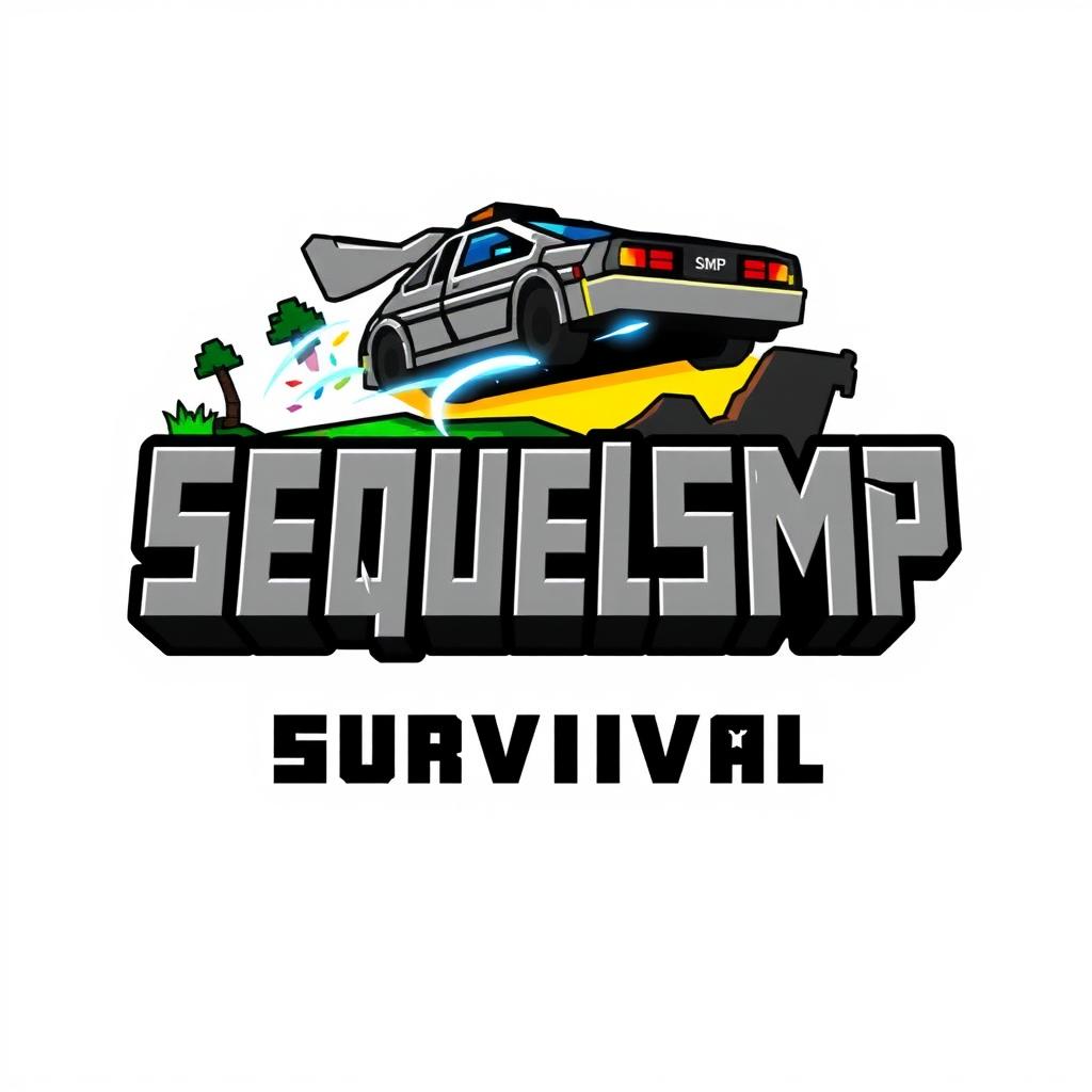 A logo design for a Minecraft-themed server named 'SequelSMP Survival' that incorporates elements from 'Back to the Future'