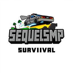 A logo design for a Minecraft-themed server named 'SequelSMP Survival' that incorporates elements from 'Back to the Future'