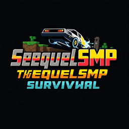 A logo design for a Minecraft-themed server named 'SequelSMP Survival' that incorporates elements from 'Back to the Future'