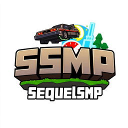 A logo design for a Minecraft-themed server named 'SequelSMP Survival' that incorporates elements from 'Back to the Future'