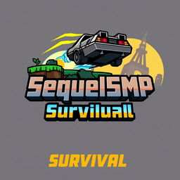 A logo design for a Minecraft-themed server named 'SequelSMP Survival' that incorporates elements from 'Back to the Future'