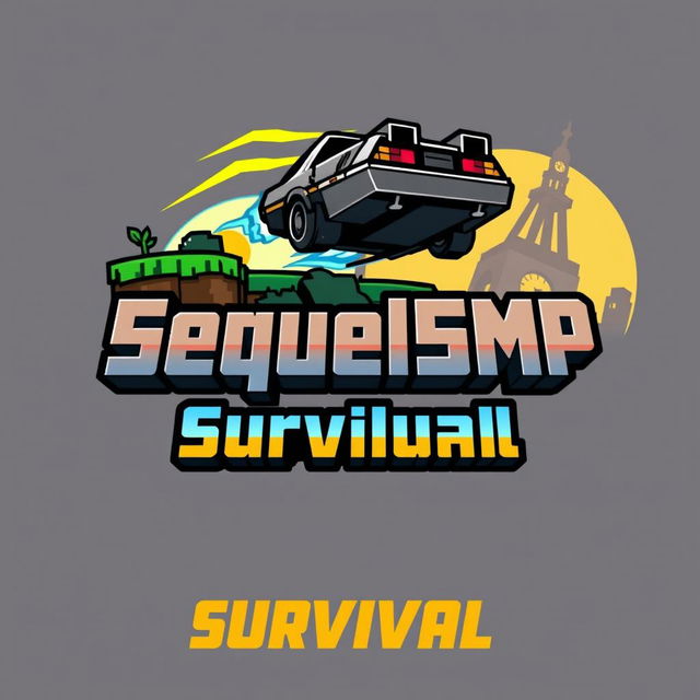 A logo design for a Minecraft-themed server named 'SequelSMP Survival' that incorporates elements from 'Back to the Future'