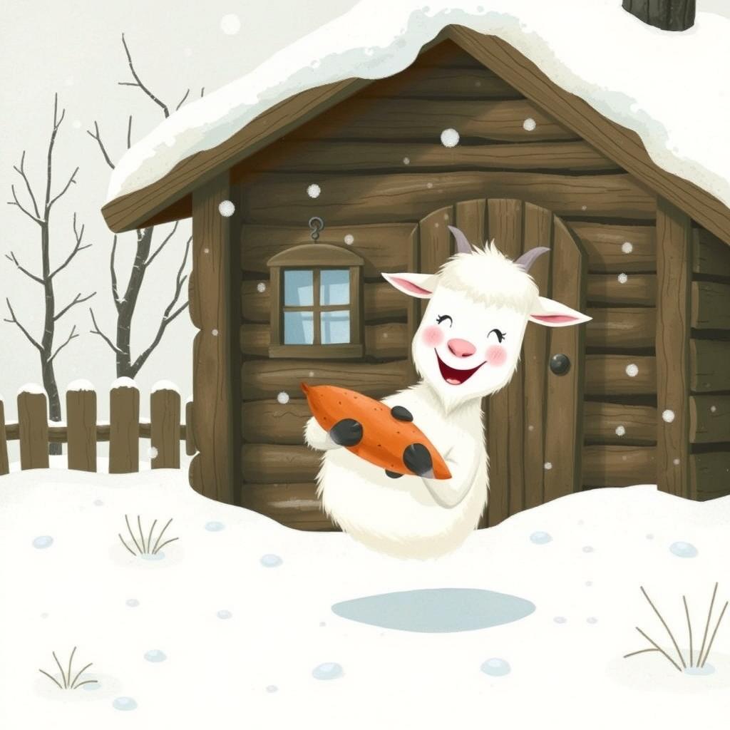 In a whimsical winter scene outside a charming wooden cabin blanketed in snow, a fluffy white goat is joyfully clutching a sweet potato in its hooves as it prepares to step into the snowy landscape