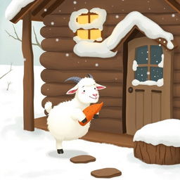 In a whimsical winter scene outside a charming wooden cabin blanketed in snow, a fluffy white goat is joyfully clutching a sweet potato in its hooves as it prepares to step into the snowy landscape