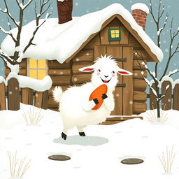 In a whimsical winter scene outside a charming wooden cabin blanketed in snow, a fluffy white goat is joyfully clutching a sweet potato in its hooves as it prepares to step into the snowy landscape