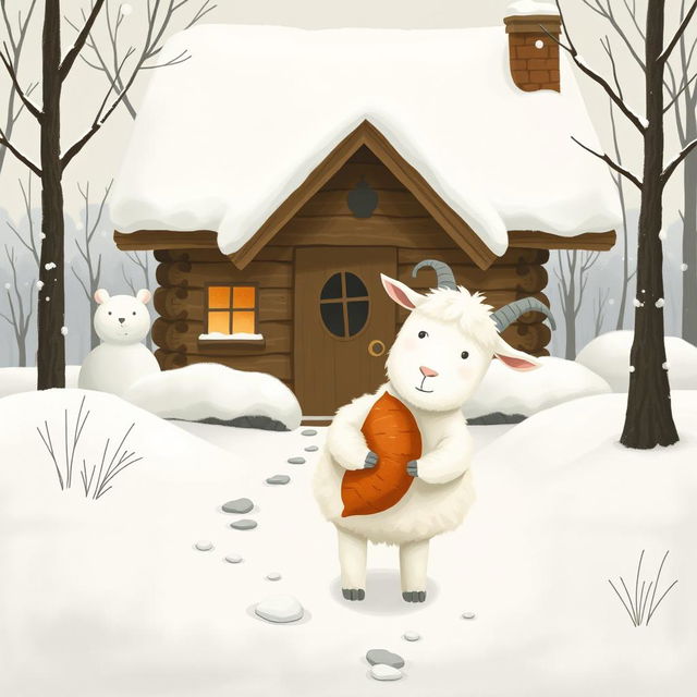 In a whimsical winter scene outside a charming wooden cabin blanketed in snow, a fluffy white goat is joyfully clutching a sweet potato in its hooves as it prepares to step into the snowy landscape