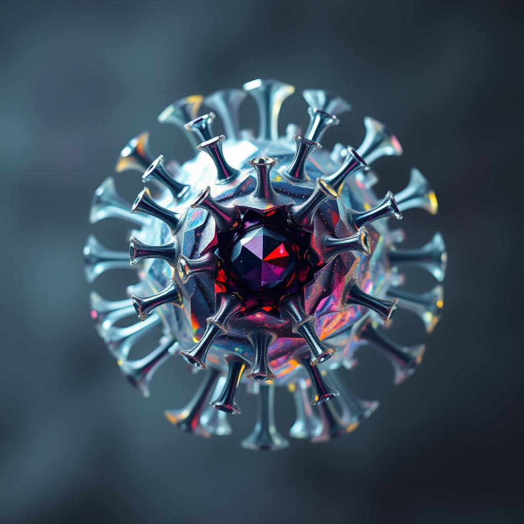 A stunning representation of the Solace Virus depicted as a crystalline structure, radiating beauty and elegance