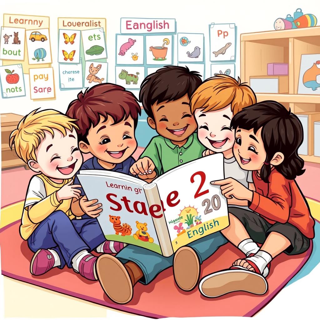 An illustrated scene of children happily learning English, engrossed in exploring a book titled 'Stage 2'
