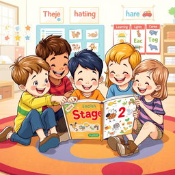 An illustrated scene of children happily learning English, engrossed in exploring a book titled 'Stage 2'