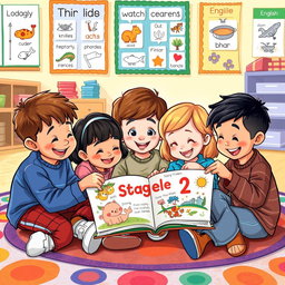 An illustrated scene of children happily learning English, engrossed in exploring a book titled 'Stage 2'