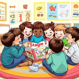 An illustrated scene of children happily learning English, engrossed in exploring a book titled 'Stage 2'