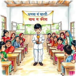 A watercolor illustration portraying a poignant scene in a traditional Bangladeshi school