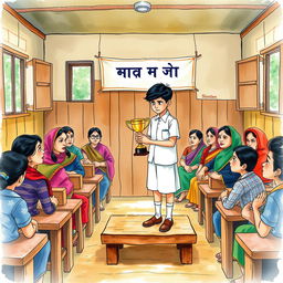 A watercolor illustration portraying a poignant scene in a traditional Bangladeshi school
